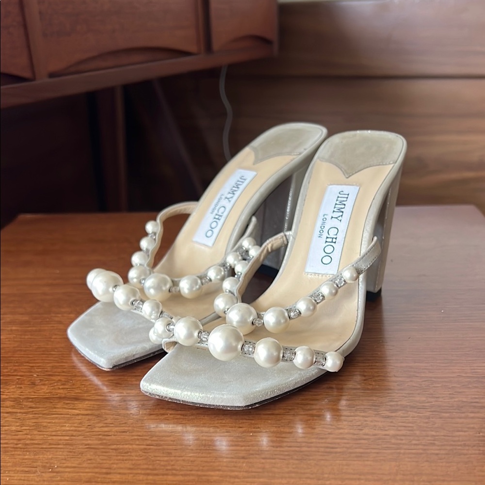 Jimmy Choo Silver Stiletto Heels with Pearl Embellishments